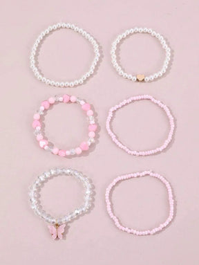 Kit 6 Pulseiras Femininas – Pérola, Contas, Coração e Borbo