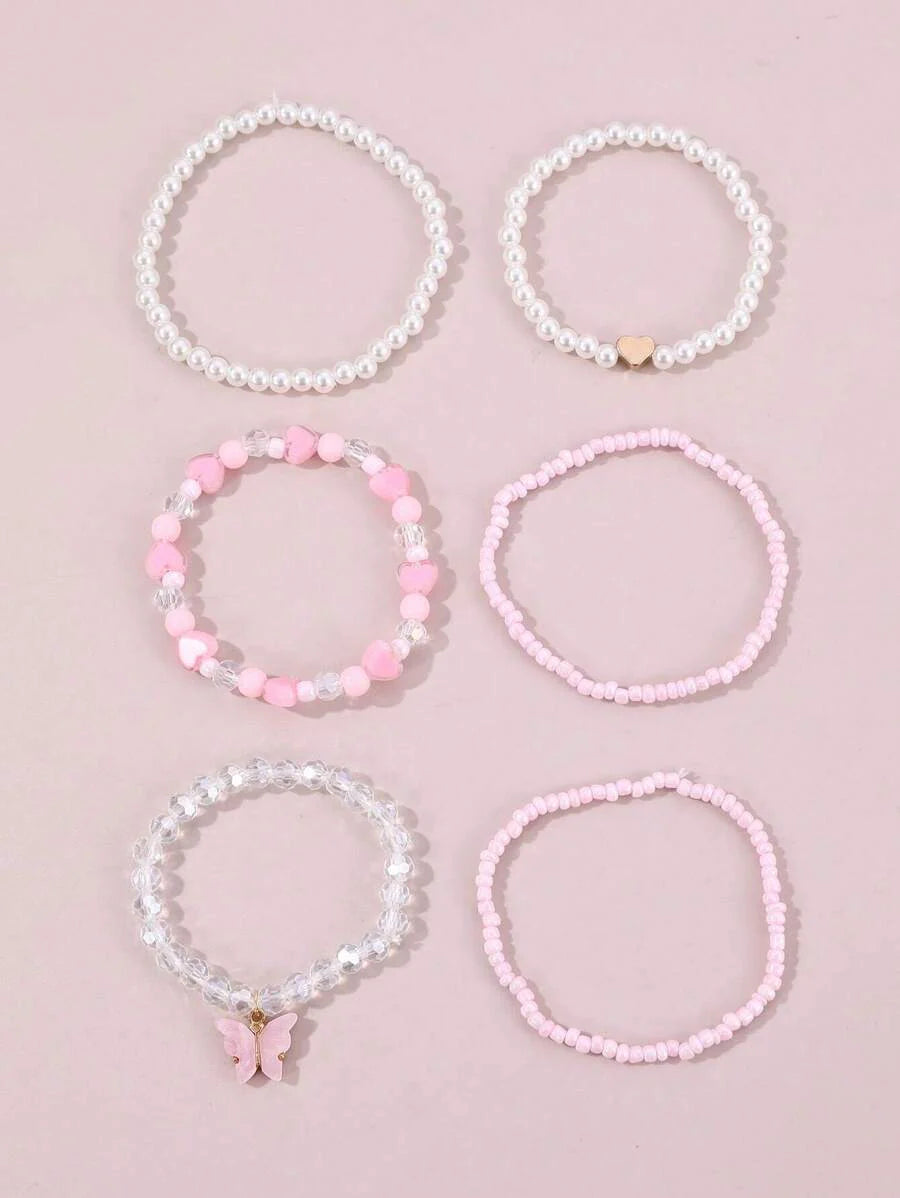 Kit 6 Pulseiras Femininas – Pérola, Contas, Coração e Borbo