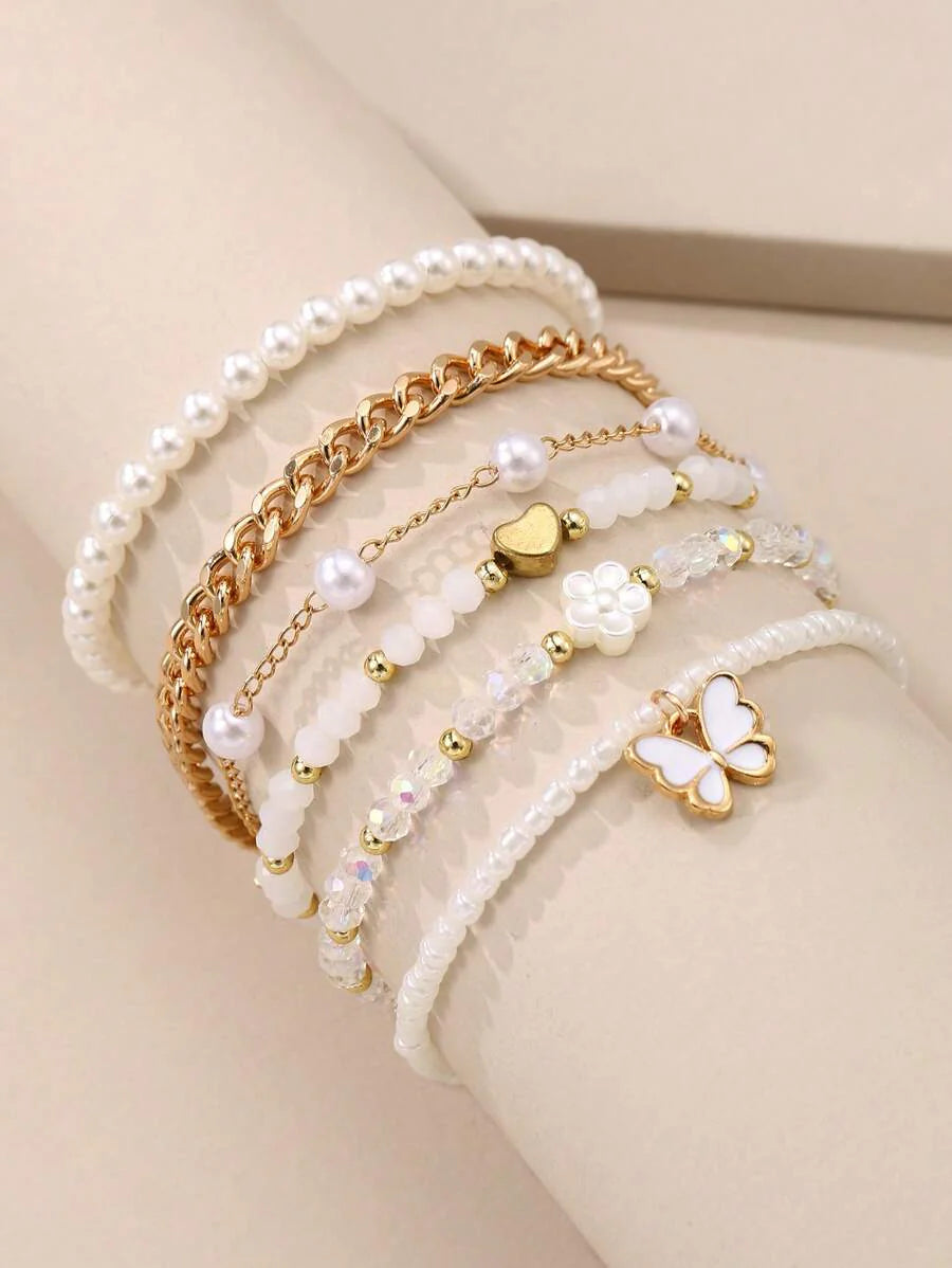 Kit 6 Pulseiras Femininas – Pérola, Contas, Coração e Borbo