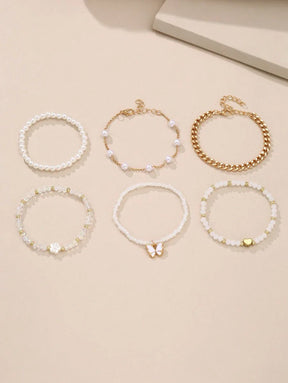Kit 6 Pulseiras Femininas – Pérola, Contas, Coração e Borbo